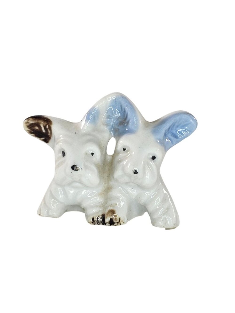 Vintage Ceramic Scotty Dog Figurine White Blue Brown Glazed Miniature Japan